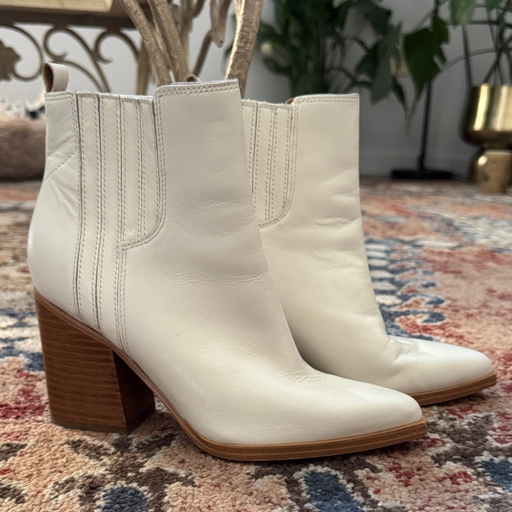 Marc Fisher White Leather Pointed Toe Ankle Boots with Brown Stacked Heel